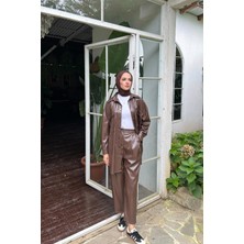 Merve Akyol Moda Leny Deri Takım Kahve