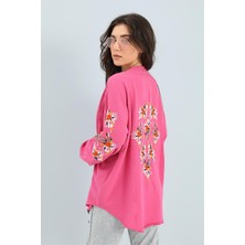 Kimono Reglan Kol Nakışlı Keten - Fuşya