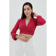 Derin V Yaka Crop Bluz - Fuşya