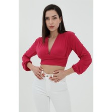 Derin V Yaka Crop Bluz - Fuşya