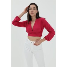 Derin V Yaka Crop Bluz - Fuşya