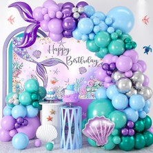 Bkmc Party Kız Çocuklar Için Deniz Kızı Balon Mavi Mor Balonlar Folyo Masa Örtülü Set Doğum Günü Parti Süsü