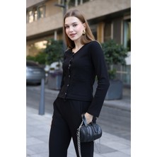 Kadın Siyah Kaşkorse Düğmeli Hırka Pantalon Takım