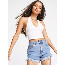 Liona Kadın Boyun Askılı U Yaka Beyaz Crop Top Bluz
