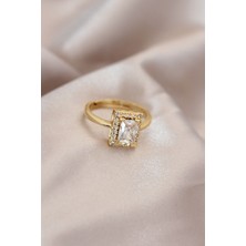 Shopzum Ayarlamalı Gold Renk Metal Zirkon ve Kristal Taşlı Dikdörtgen Model Yüzük