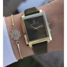 Daniel Klein Yeşil Deri Kayışlı Altın Sarısı Dikdörtgen Kasa Kadın Kol Saati, Taşlı Bileklik Hediyeli