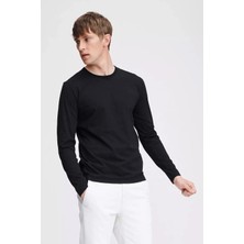 CHEISU Erkek Siyah Basic Bisiklet Yaka Uzun Kollu T-Shirt %100 Pamuk Sweatshirt