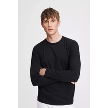 CHEISU Erkek Siyah Basic Bisiklet Yaka Uzun Kollu T-Shirt %100 Pamuk Sweatshirt