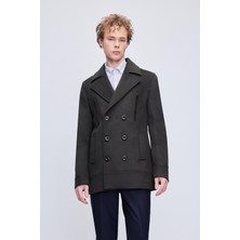 Hatemoğlu Haki Slim Fit Düz Kruvaze Yünlü Kaşe Kaban