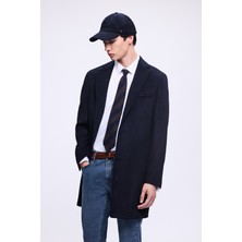 Lacivert Slim Fit Ceket Yaka Yünlü Kaşe Palto