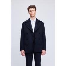 Hatemoğlu Lacivert Slim Fit Düz Kürklü Kruvaze Kaşe Kaban