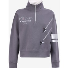 Discovery Expedition Füme Kadın Dik Yaka Crop Top Baskılı Sweatshirt D4WL-SWT3002