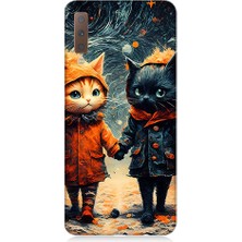 Teknomeg Samsung Galaxy A7 2018 Uyumlu Yağmurlu Kedi  Desenli Silikon Kılıf