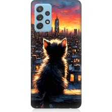 Teknomeg Samsung Galaxy A52 Uyumlu Kedi ve Şehir  Desenli Silikon Kılıf