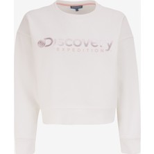 Discovery Expedition Kırık Beyaz Kadın Bisiklet Yaka Crop Baskılı Sweatshirt D4WL-SWT3010