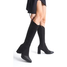 Modabuymus Across Siyah Süet Kalın Topuklu Sivri  Burun Çizme