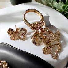 Als Accessories Kadın Gold Renk Kelebek Çivi ve Halka Ucu Sallantılı Zirkon Taşlı Kelebek ve Melek Küpe