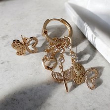 Als Accessories Kadın Gold Renk Kelebek Çivi ve Halka Ucu Sallantılı Zirkon Taşlı Kelebek ve Melek Küpe