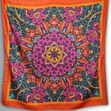 Pozitif Marka Turuncu Eşarp Ipeksi Twill Saten Kumaş Mandala Desenli
