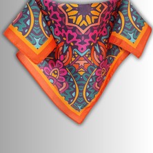 Turuncu Fular Bandana Ipeksi Twill Saten Kumaş Çok Renkli Mandala Desenli