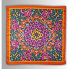 Turuncu Fular Bandana Ipeksi Twill Saten Kumaş Çok Renkli Mandala Desenli