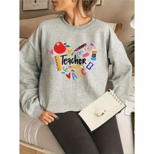 Woodroffe 24 Kasım Öğretmenler Günü Baskılı Bisiklet Yaka Oversize Gri Sweatshirt