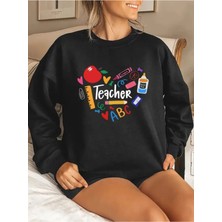 Woodroffe 24 Kasım Öğretmenler Günü Baskılı Bisiklet Yaka Oversize Siyah Sweatshirt