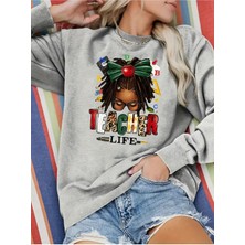Woodroffe 24 Kasım Öğretmenler Günü Baskılı Bisiklet Yaka Oversize Gri Sweatshirt