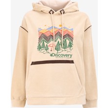 Discovery Expedition Bej Kadın Kapüşon Yaka Loose Fit Baskılı Sweatshirt D4WL-SWT3086