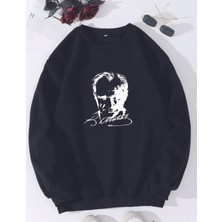 Woodroffe 10 Kasım Atatürk Baskılı Bisiklet Yaka Oversize Siyah Beyaz Sweatshirt