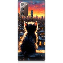 Teknomeg Samsung Galaxy Note 20 Uyumlu Kedi ve Şehir  Desenli Silikon Kılıf