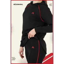 Miss Maral Kadın Eşofman Takım Siyah/kırmızı Spor Tunik & Toparlayıcı Tayt Dalgıç Kumaş Sports And Casual 13060