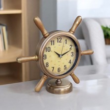 Bahat Altın Eskitme Metal Gemici Denizci Dümen Salon Ofis Otel Masa Saati 33*36 Cm
