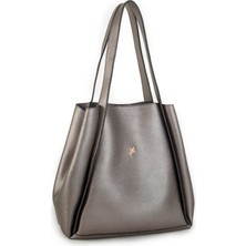 Nas Bag Kadın Büyük Boy Büzmeli Yavrulu Çıtçıtlı Tote Bag Omuz Çantası Gri