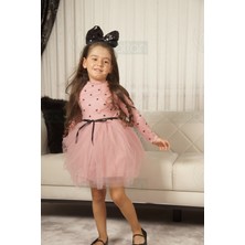 Kız Bebek-Çocuk Uzun Kollu Doğum Günü ve Özel Günler Için Kalpli Tüllü Astarlı Pamuklu Elbise