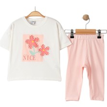 Bebegen Kız Çocuk Beyaz Çiçekli Incili Tişörtlü Pudra Taytlı 2'li Takım