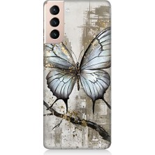 Teknomeg Samsung Galaxy S21 Plus Uyumlu Gri Kelebek  Desenli Silikon Kılıf