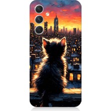 Teknomeg Samsung Galaxy S23 Fe Uyumlu Kedi ve Şehir  Desenli Silikon Kılıf