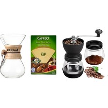 Grossberg Coffee Cam Kahve Demleme Sürahisi (Chemex) Fitre Kağıdı,Değirmen Set