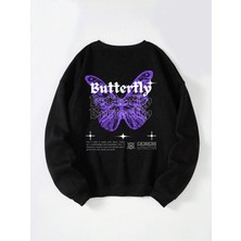 Softway Oversize Bisiklet Yaka Basic Butterfly Baskılı Sweatshirt - Siyah