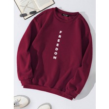 Unisex Oversize Bisiklet Yaka Basic Freedom Baskılı Sweatshirt - Bordo