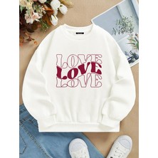 Softway Oversize Bisiklet Yaka Basic Three Love Baskılı Sweatshirt - Ekru