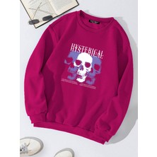 Softway Oversize Bisiklet Yaka Basic Hystarigal Baskılı Sweatshirt - Fuşya