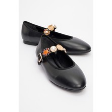 Luvi Lauras Siyah Cilt Aksesuarlı Kadın Babet Ayakkabı