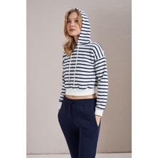 Tena Kadın Indigo Çzigili Üç Iplik Şardonsuz Kapüşonlu Crop Sweatshirt