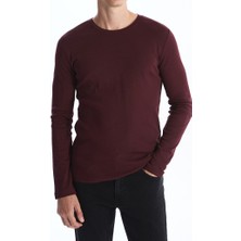 Erkek Bordo Slim Fit Bisiklet Yaka Penye Body Uzun Kol T-Shirt