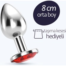 Ewe Kırmızı Taşlı Orta Boy Metal Anal Plug 8 cm Anal Alıştırıcı Orta Seviye Çelik Anal Seks Ürünü