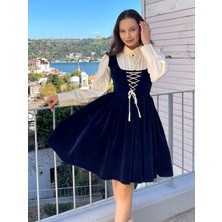 Madame Lucid Retro Kadife Mavi Mini Elbise