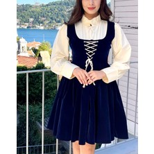Madame Lucid Retro Kadife Mavi Mini Elbise