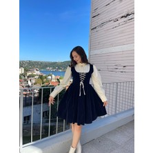 Madame Lucid Retro Kadife Mavi Mini Elbise